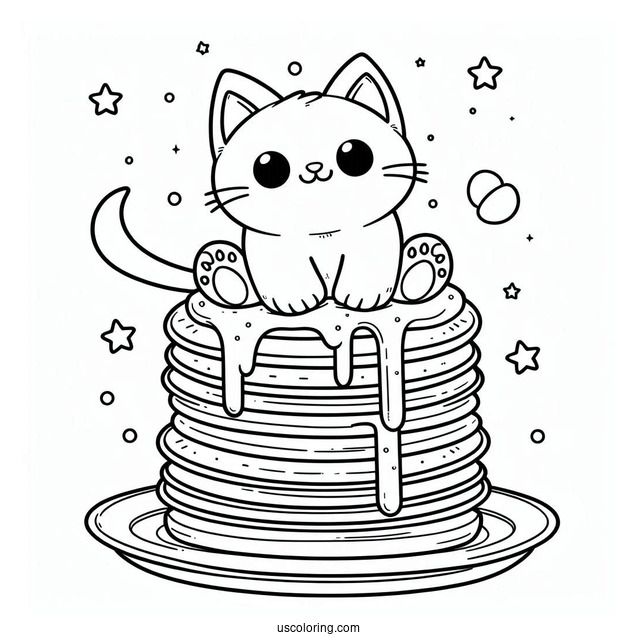 Cartoon Cat Pancake Coloring Page Tower On A Plate