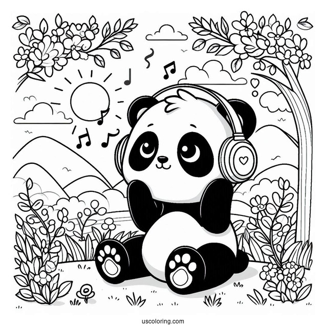 Cool Panda Coloring Page Listening to Music with Headphones in the Garden