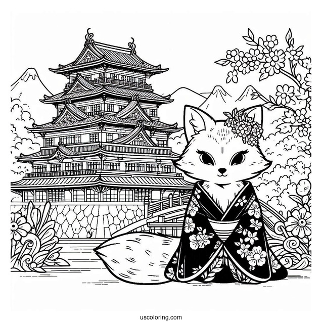 Fox Coloring Page in Kimono In Front Of Japanese Castle