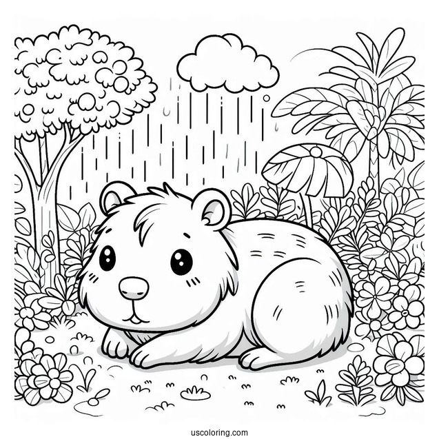Kawaii Capybara Coloring Page Resting In Garden For Kids