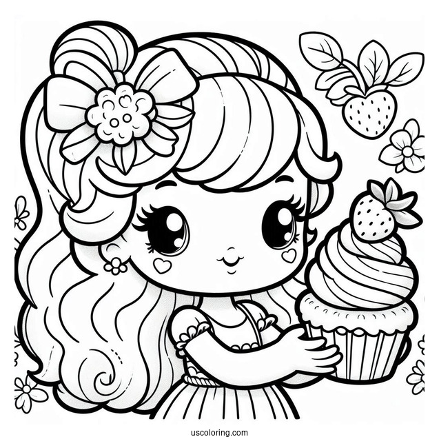 Strawberry Shortcake Coloring Page Holding Cupcake