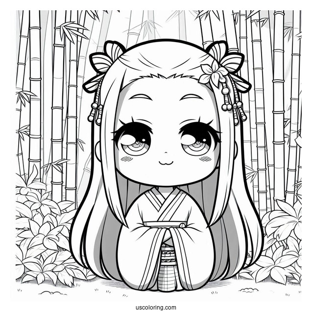 Chibi Nezuko Coloring Page In Bamboo Forest For Preschoolers