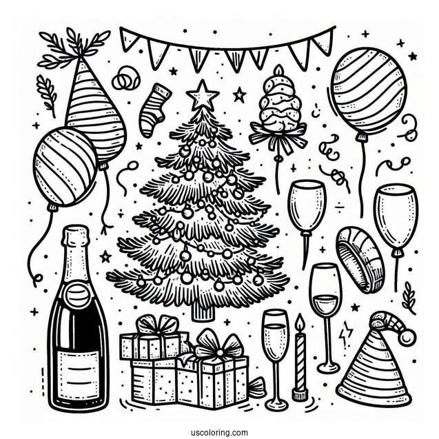 New Year Coloring Page Of Essentials With Party Hats, Christmas Tree, Wine Glasses, And Balloons