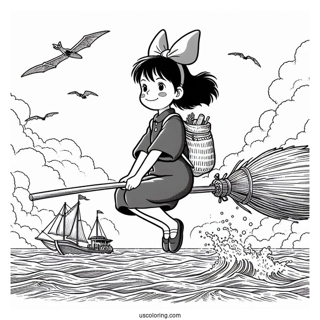 Studio Ghibli Coloring Page of Kiki s Delivery Service Riding Broom With Jiji Over Ocean