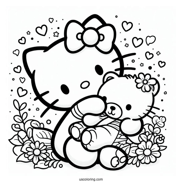 Coloring Page Of Hello Kitty Hugging Teddy Bear