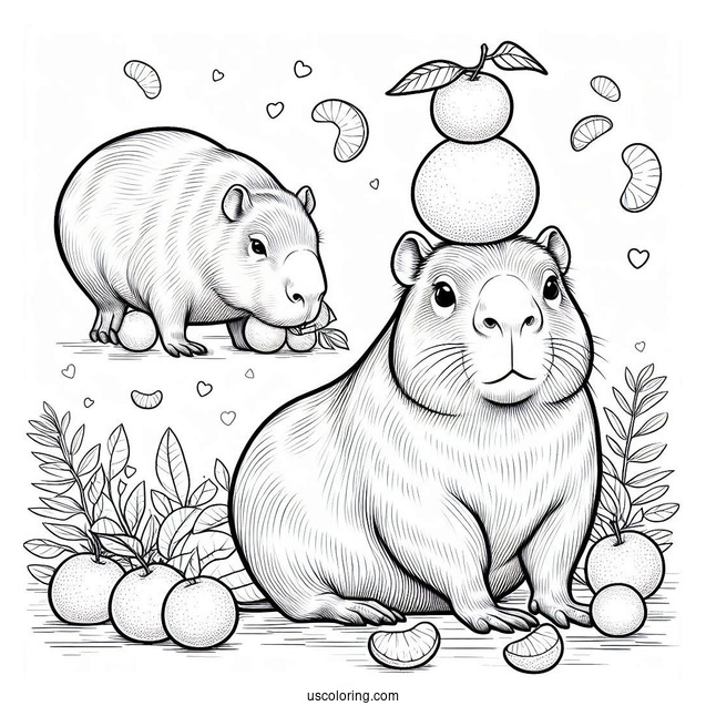 Serious Capybara Coloring Page Balancing Tangerines On Its Head