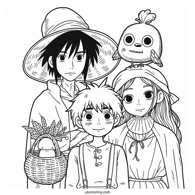 Studio Ghibli Coloring Page of Markl, Hin, and Scarecrow From Howl s Moving Castle