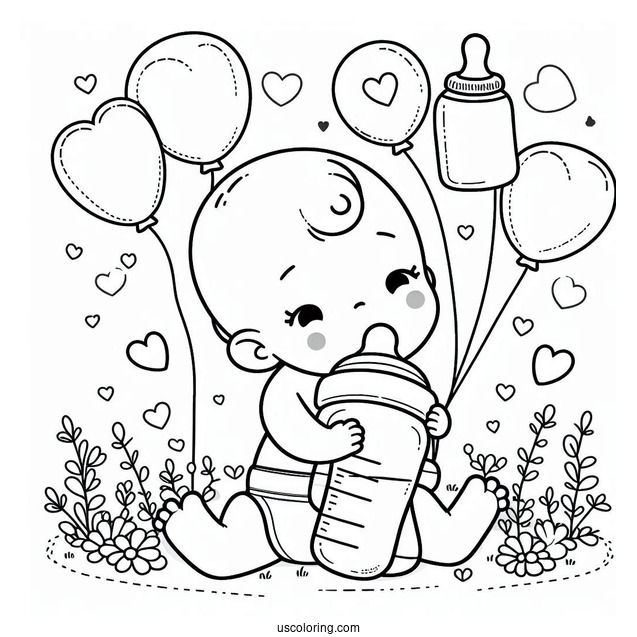 Baby Coloring Page Hugging Milk Bottle With Heart Balloons