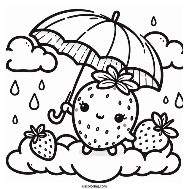 Kawaii Strawberry Coloring Page On The Cloud With An Umbrella For Kids