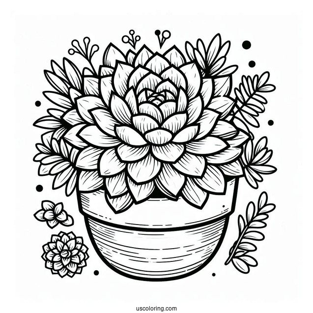 Simple Succulent Coloring Page In A Round Flower Pot For Kids