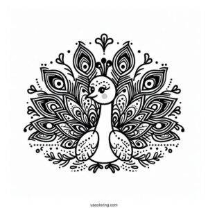 Cute Peacock Coloring Page with Fanned Feathers For Kids