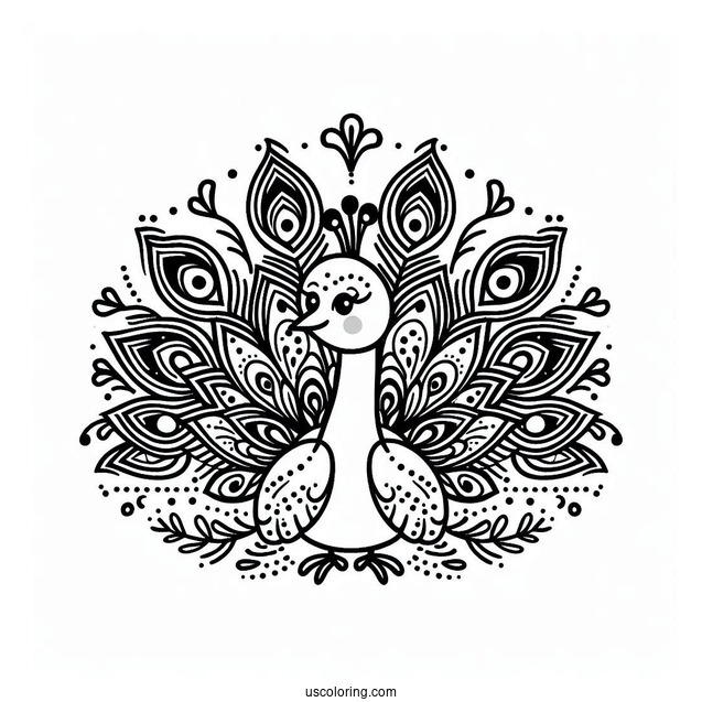 Cute Peacock Coloring Page with Fanned Feathers For Kids