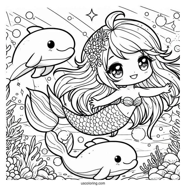 Magical Chibi Coloring Page Mermaid Swimming with Dolphins Under the Sea