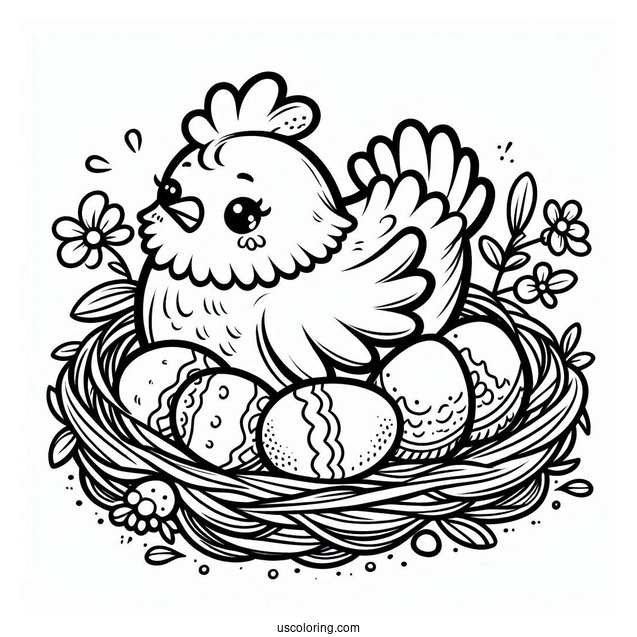 Chicken Nesting On Eggs Coloring Page