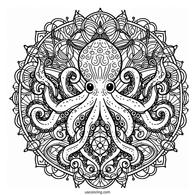 Intricate Nautical Mandala With Octopus Coloring Page In The Middle