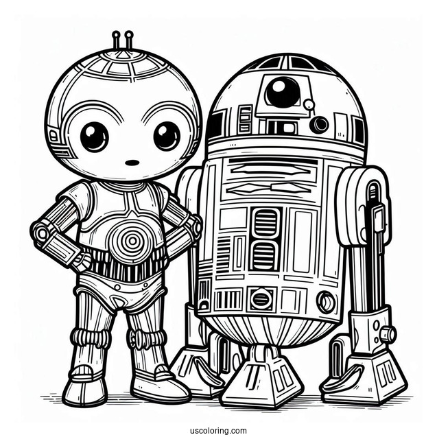 Chibi C3PO With R2 D2 Coloring Page For Preschoolers