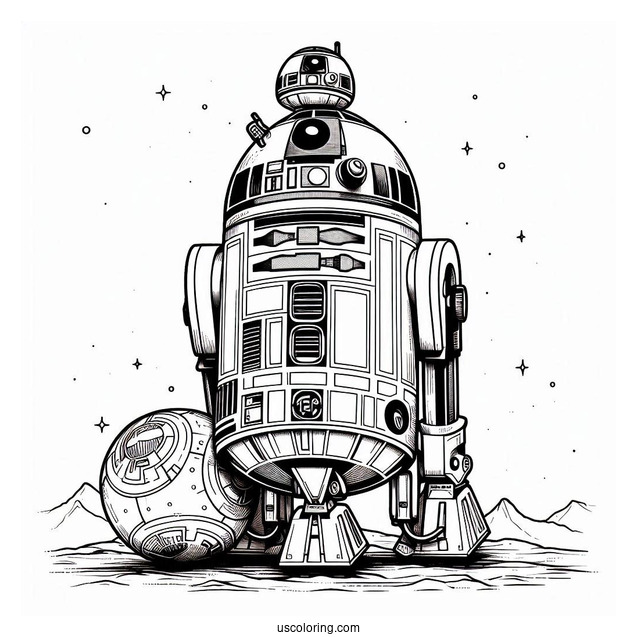BB8 Standing On Top Of R2-D2 Coloring Page