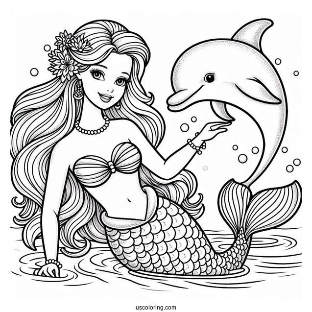 Mermaid Barbie Swimming With Dolphin To Color