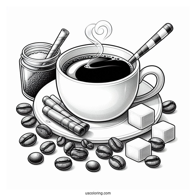Realistic Cup Of Coffee Coloring Pages With Maracon, Sugar Cubes, And Beans