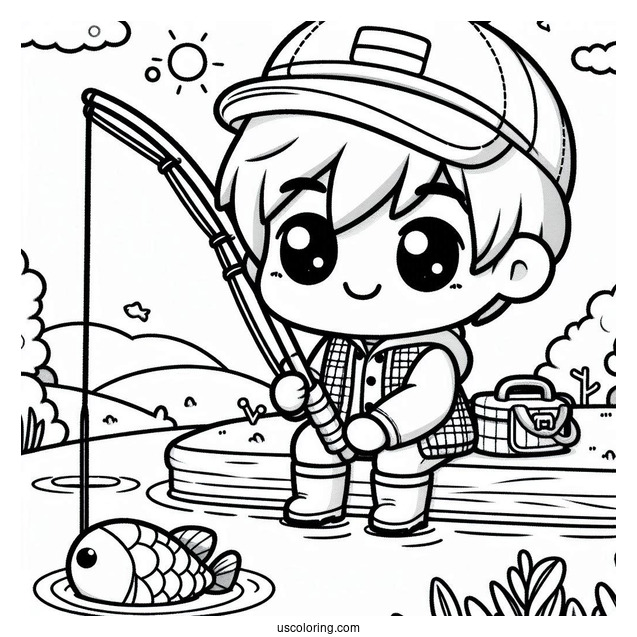 Kawaii Little Boy Fishing Coloring Page In The River For Preschoolers