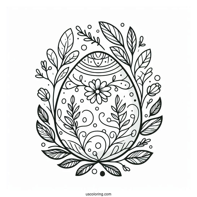 Easter Egg Coloring Page With Leafy Vines and Petals For Adults