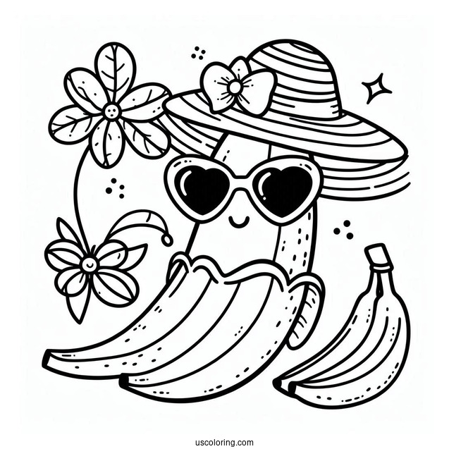 Banana Coloring Page With A Hat And Sunglasses For Kids