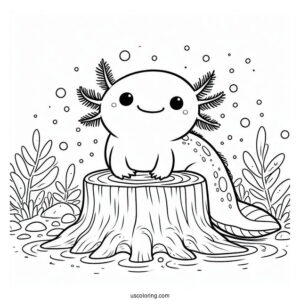Happy Axolotl Coloring Page Standing On A Stump Under The Sea