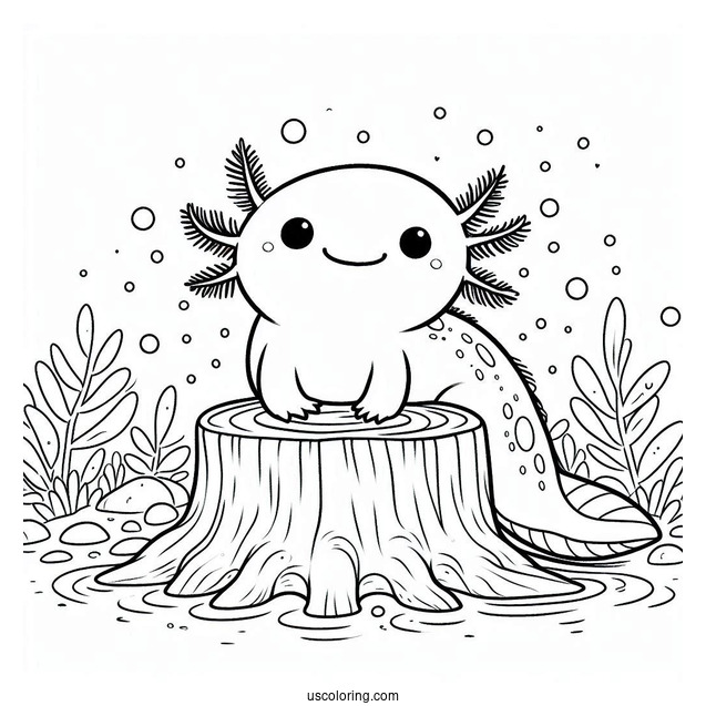 Happy Axolotl Coloring Page Standing On A Stump Under The Sea