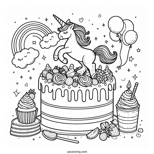 Unicorn Birthday Cake Coloring In For Kids