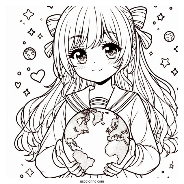 Beautiful Anime Girl Holding The Earth Coloring Page