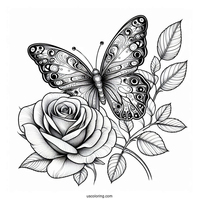 Realistic Butterfly Coloring Page On A Large Rose
