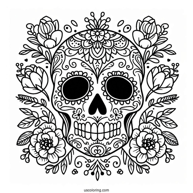 Sugar Skulls Coloring Page With Floral Patterns For Preschoolers