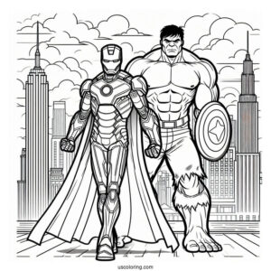 Iron Man Standing Beside Hulk Coloring Page In The City