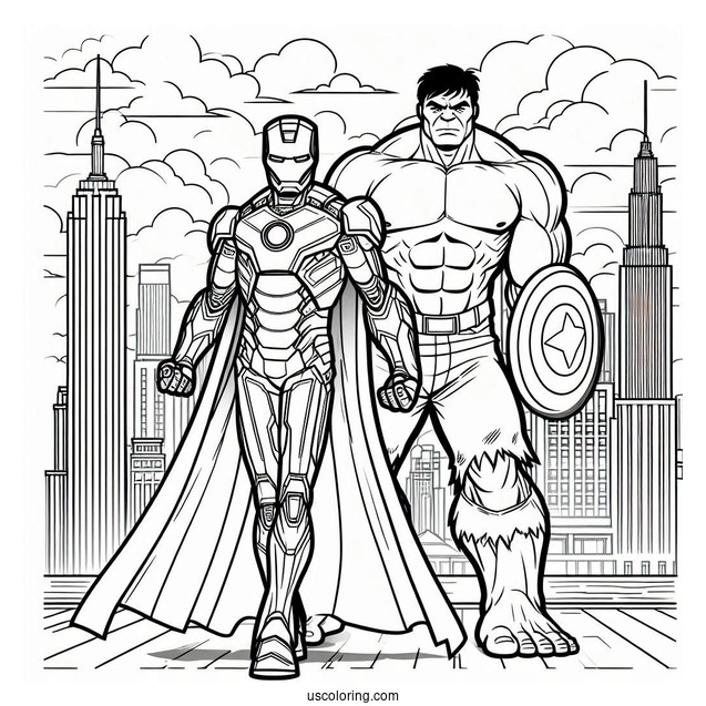 Iron Man Standing Beside Hulk Coloring Page In The City