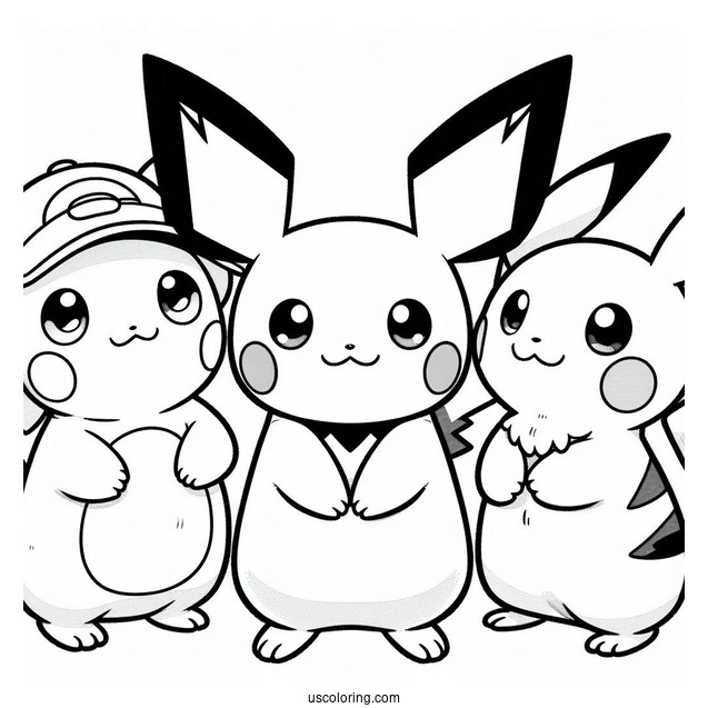 Coloring Sheet Of Pichu, Raichu, And Pikachu For Kids