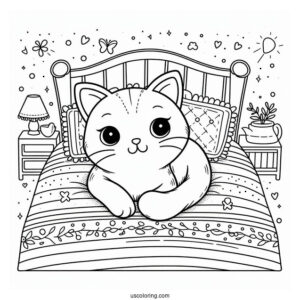Cat Lying On Bed Coloring Sheet