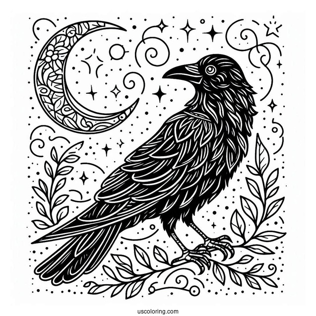 Magical Raven Coloring Page With Crescent Moon And Stars
