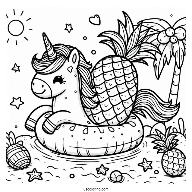 Summer Coloring Page Of Cheerful Pineapple On A Unicorn Floatie