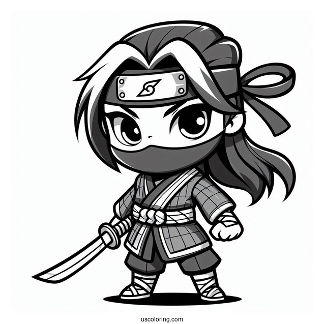 Serious Chibi Ninja With A Blade Coloring Sheet For Preschoolers