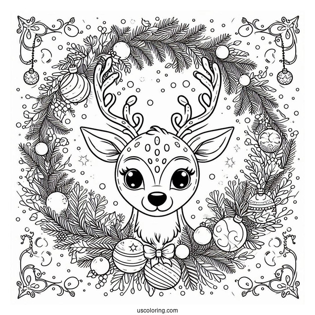 Reindeer In Christmas Wreath To Color