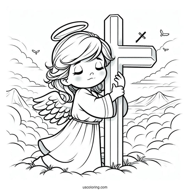 Adorable Angel Hugging A Cross In The Sky Coloring Sheet For Kids