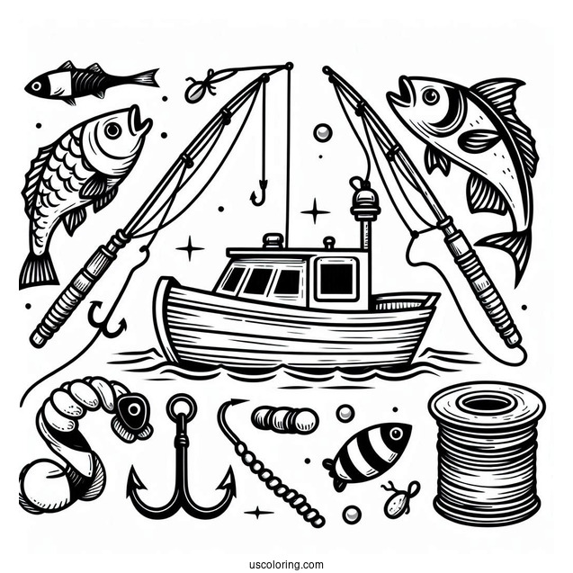 Fishing Coloring Page Rods, Bobber, Hook, Fishes, Worm, And Boat