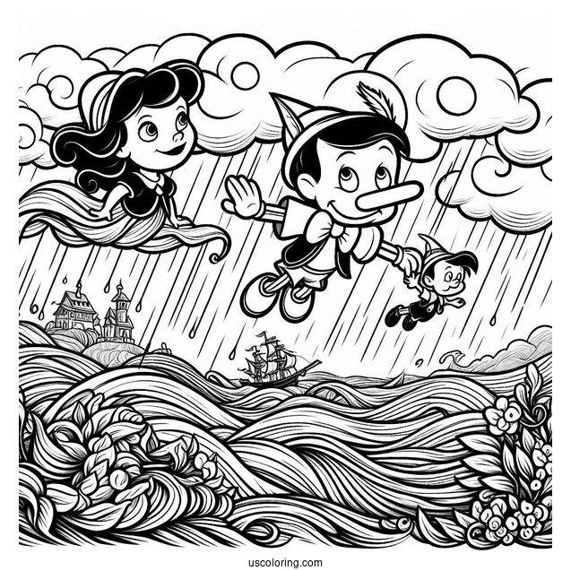 Pinocchio Coloring Page With Jiminiy, Figaro, And Cleo In Stormy Seas
