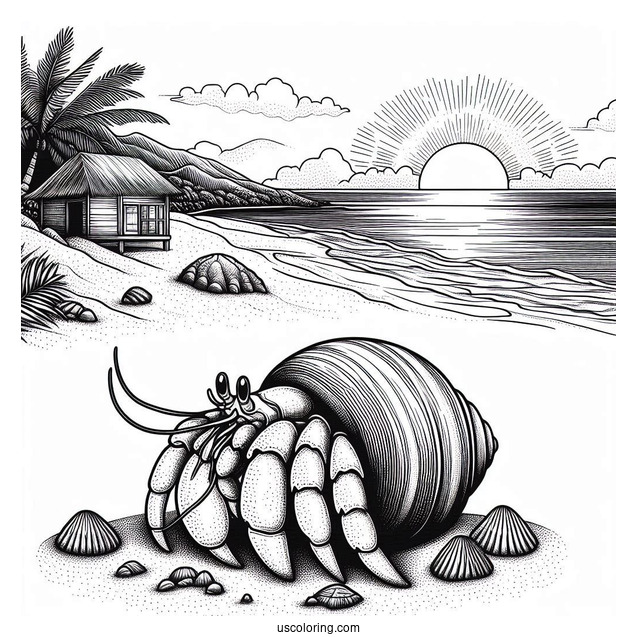 Realistic Hermit Crab Coloring Page On The Beach