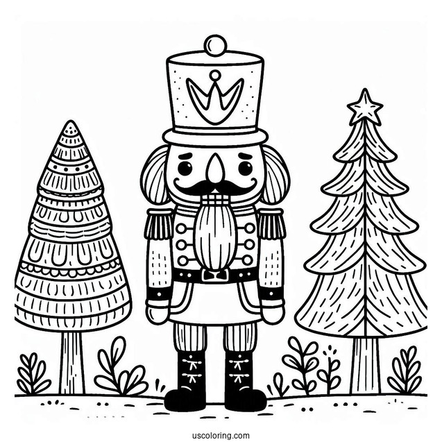 Nutcracker Coloring Page Standing In Front of Two Christmas Trees