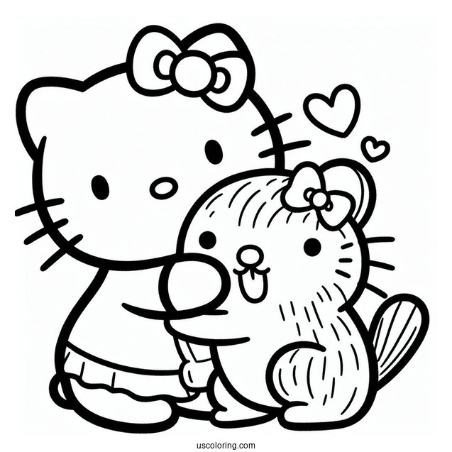 Hello Kitty Hugging A Capybara Coloring Page For Kids