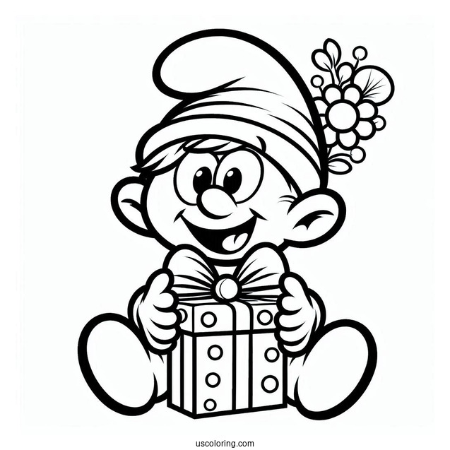 Coloring Page Of Jokey Smurf With Christmas Present