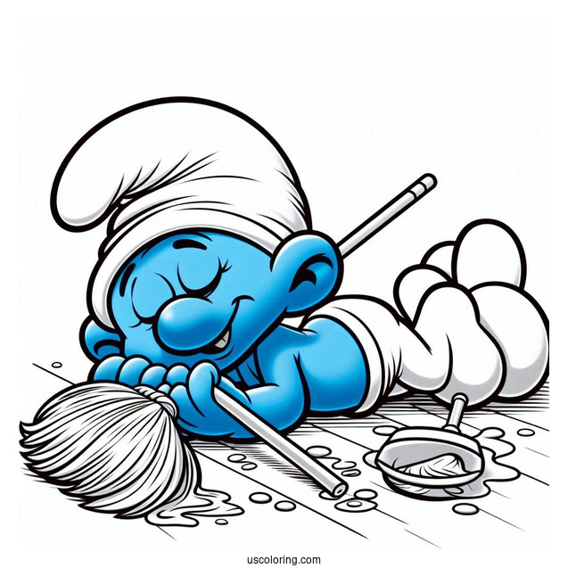 Lazy Smurf Napping While Sweeping Floor