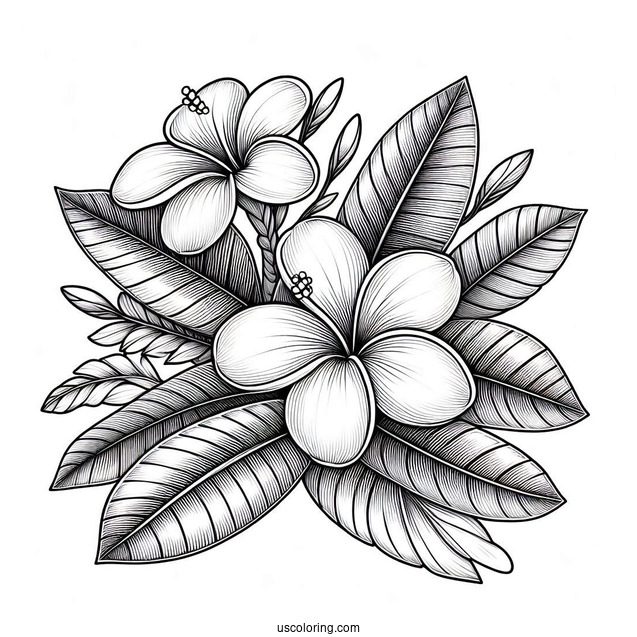 Flower Coloring Pages Of Plumerias On Large Leaves