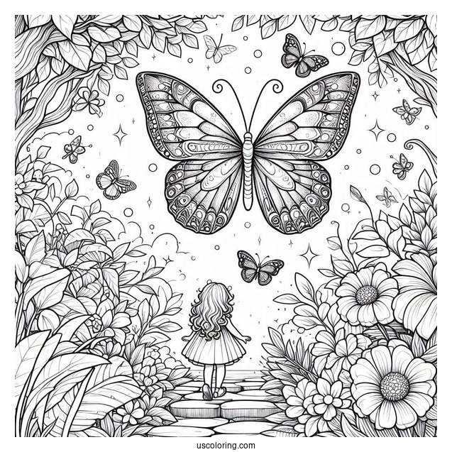 Large Butterflies In A Secret Garden With Little Girl